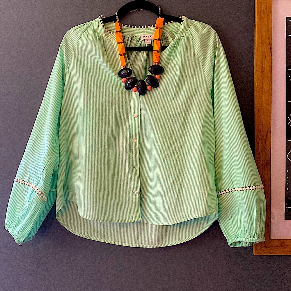 J-crew green and pinstripe white blouse